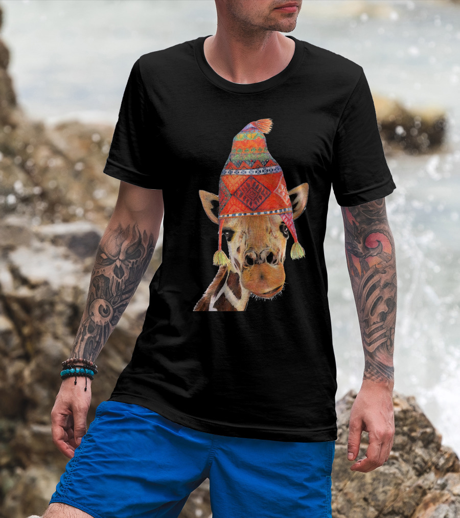 Cute Giraffe Wearing Patterned Winter Beanie Peruvian T-Shirt