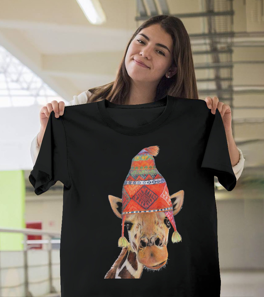 Cute Giraffe Wearing Patterned Winter Beanie Peruvian T-Shirt