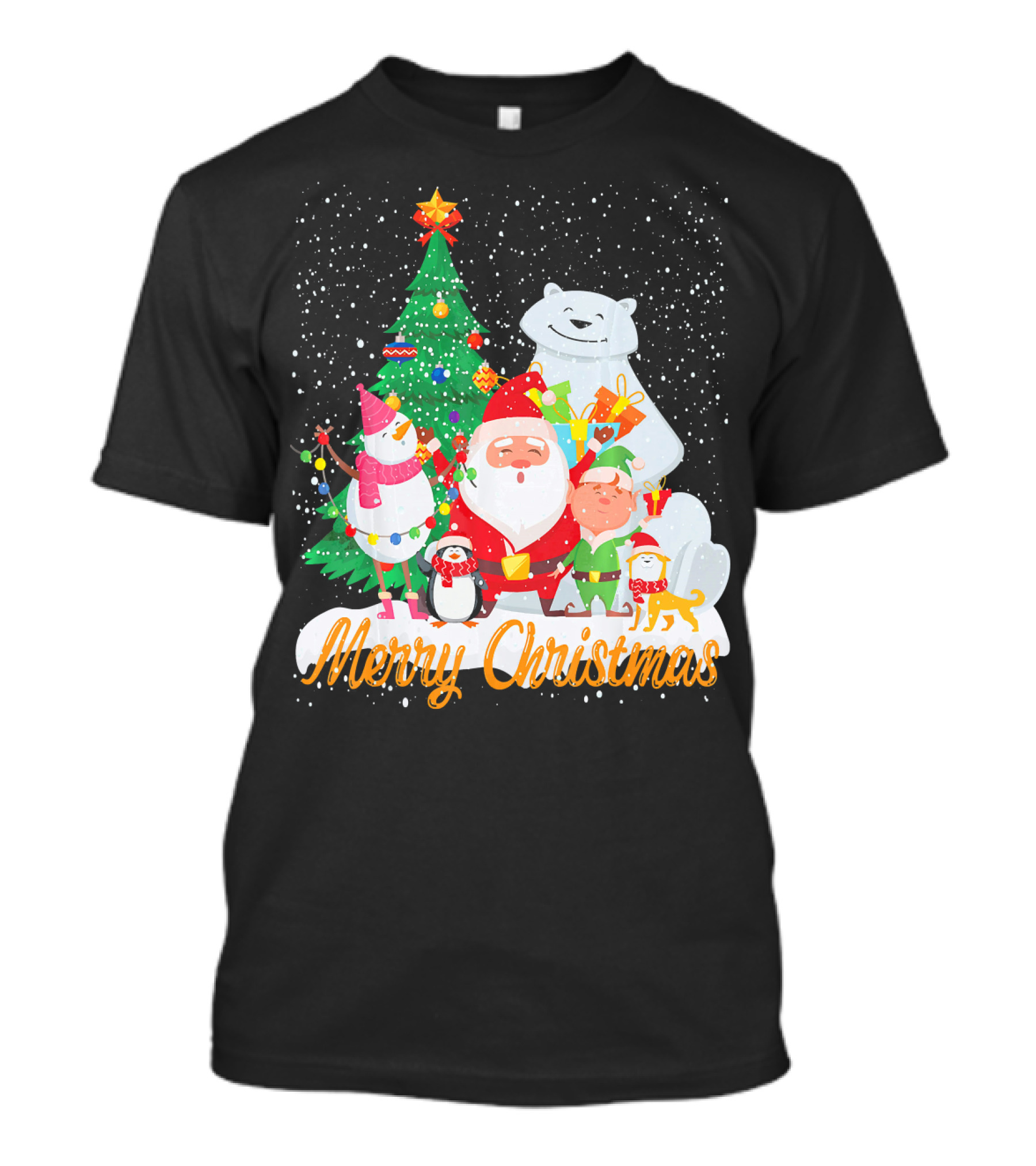 Merry Christmas Santa Claus Snowman Penguin Elf Tree And Polar Bear In Snow T-Shirt