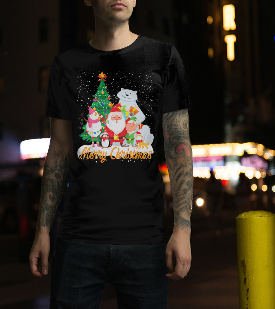 Merry Christmas Santa Claus Snowman Penguin Elf Tree And Polar Bear In Snow T-Shirt