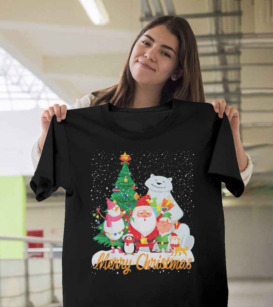 Merry Christmas Santa Claus Snowman Penguin Elf Tree And Polar Bear In Snow T-Shirt