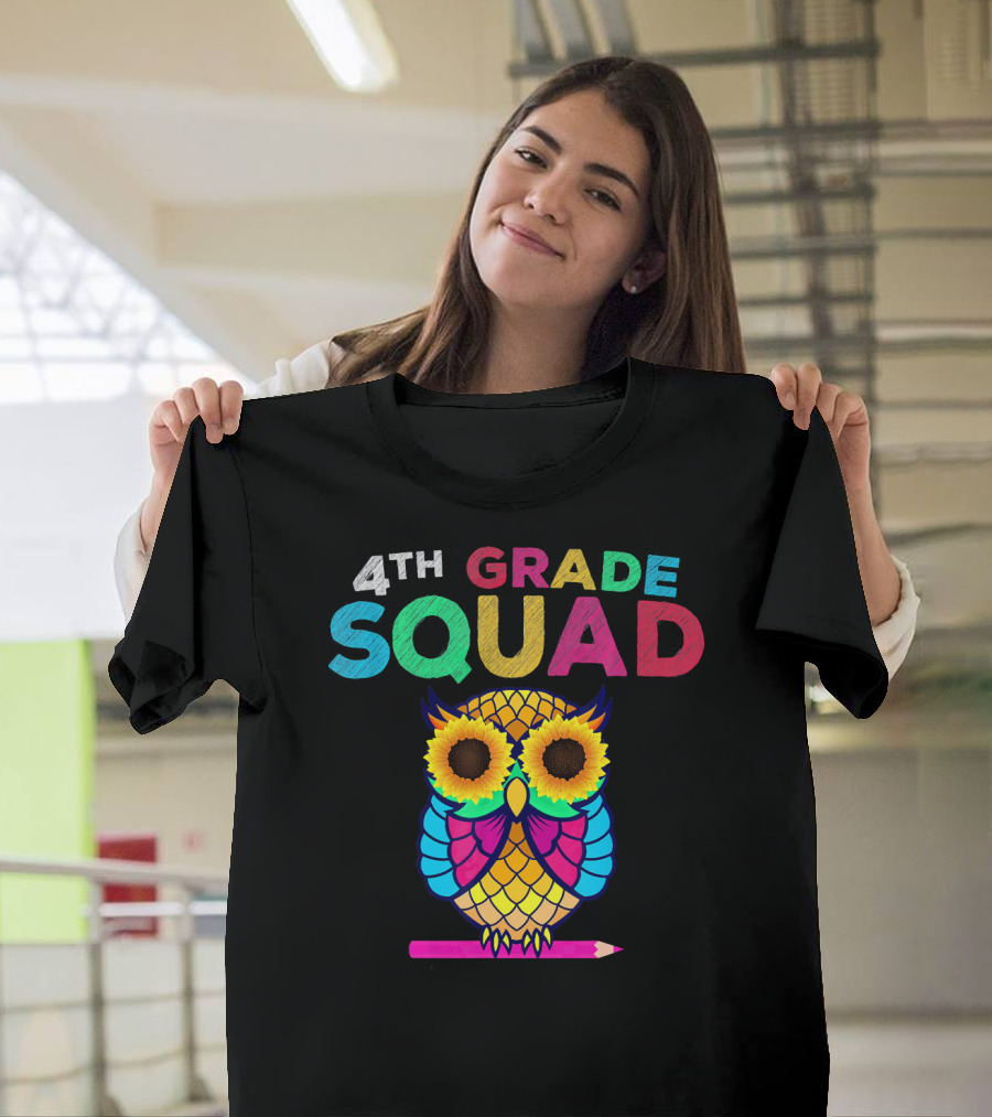 4th Grade Squad Sunflower Owl Colorful Pencil T-Shirt