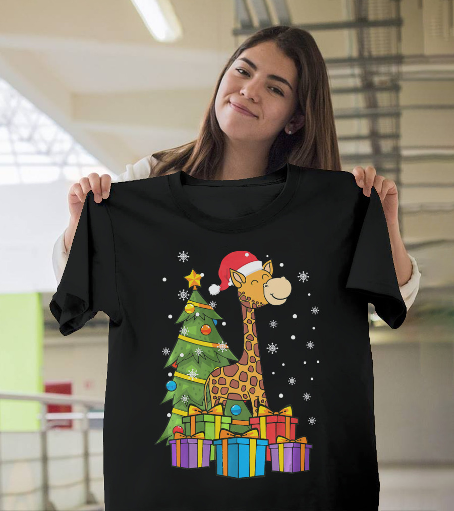 Christmas Giraffe Santa with Tree Lights and Presents T-Shirt