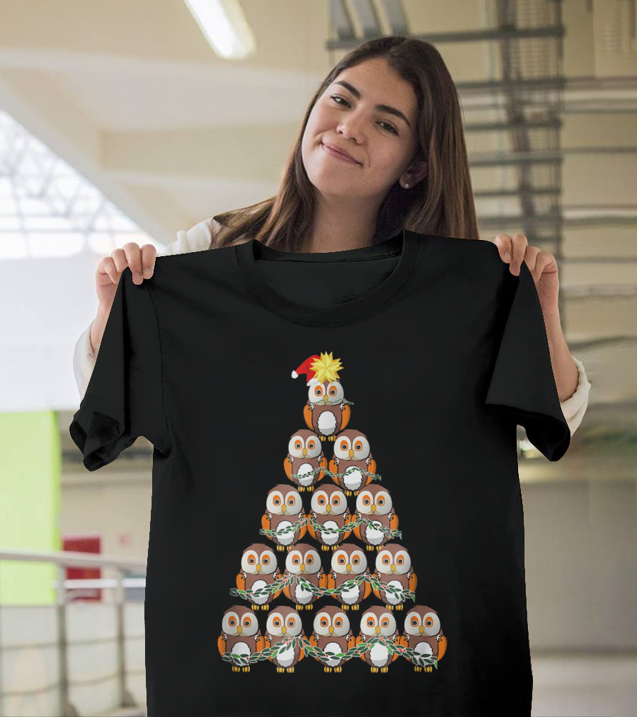 Christmas Owl Tree with Santa Hat Owl in Garland Formation T-Shirt