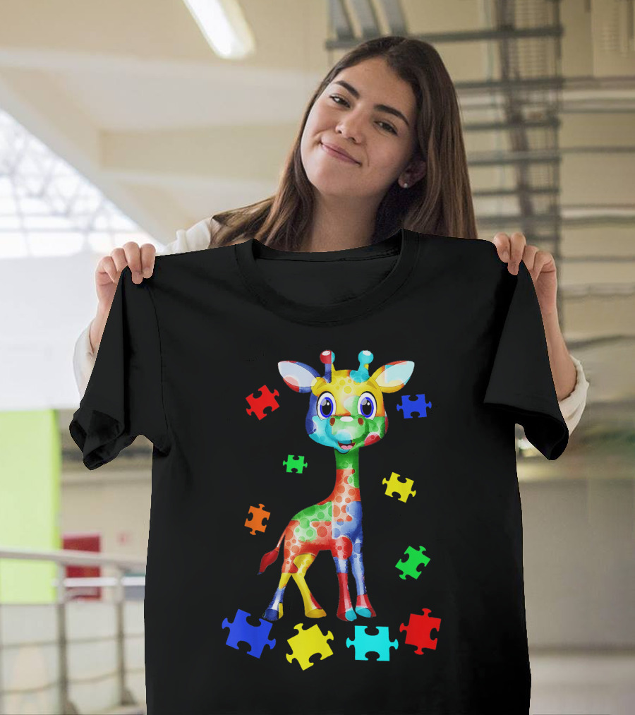 Giraffe in Colorful Puzzle Pattern for Autism Awareness T-Shirt