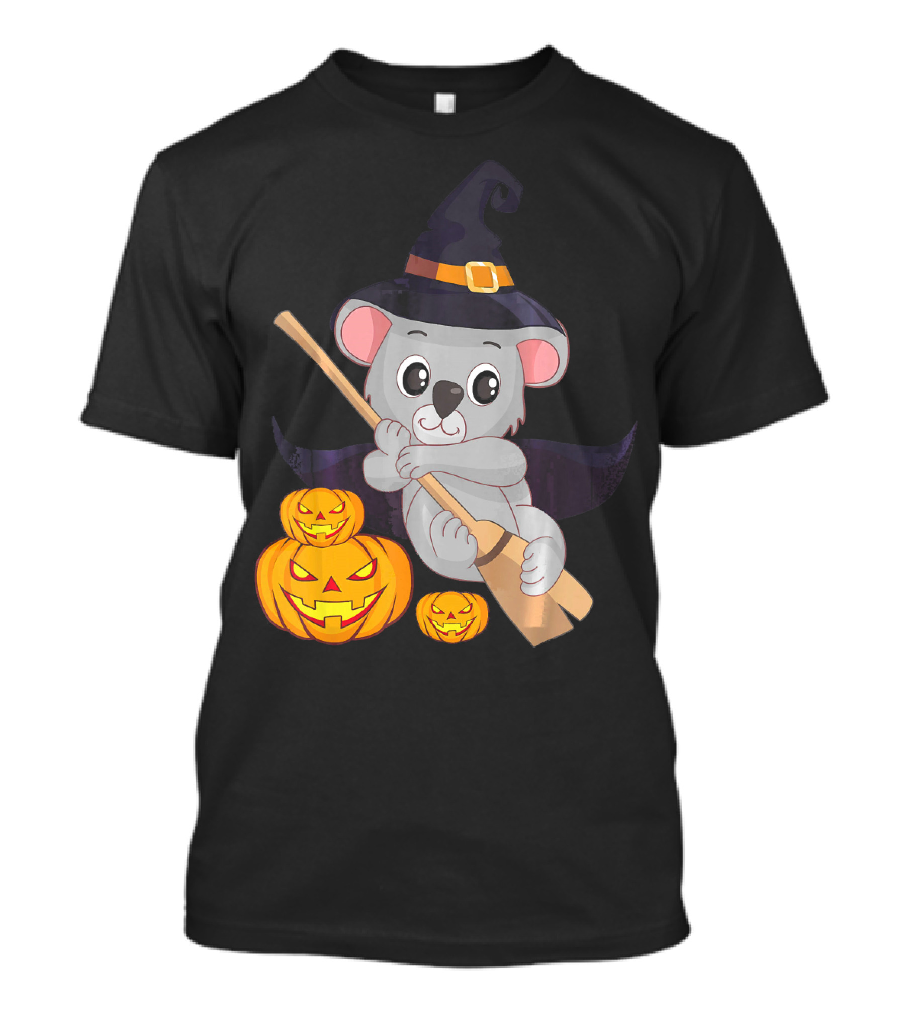 Cute Koala Bear Witch Halloween Pumpkin Hat Broom Jack-o'-Lanterns T-Shirt
