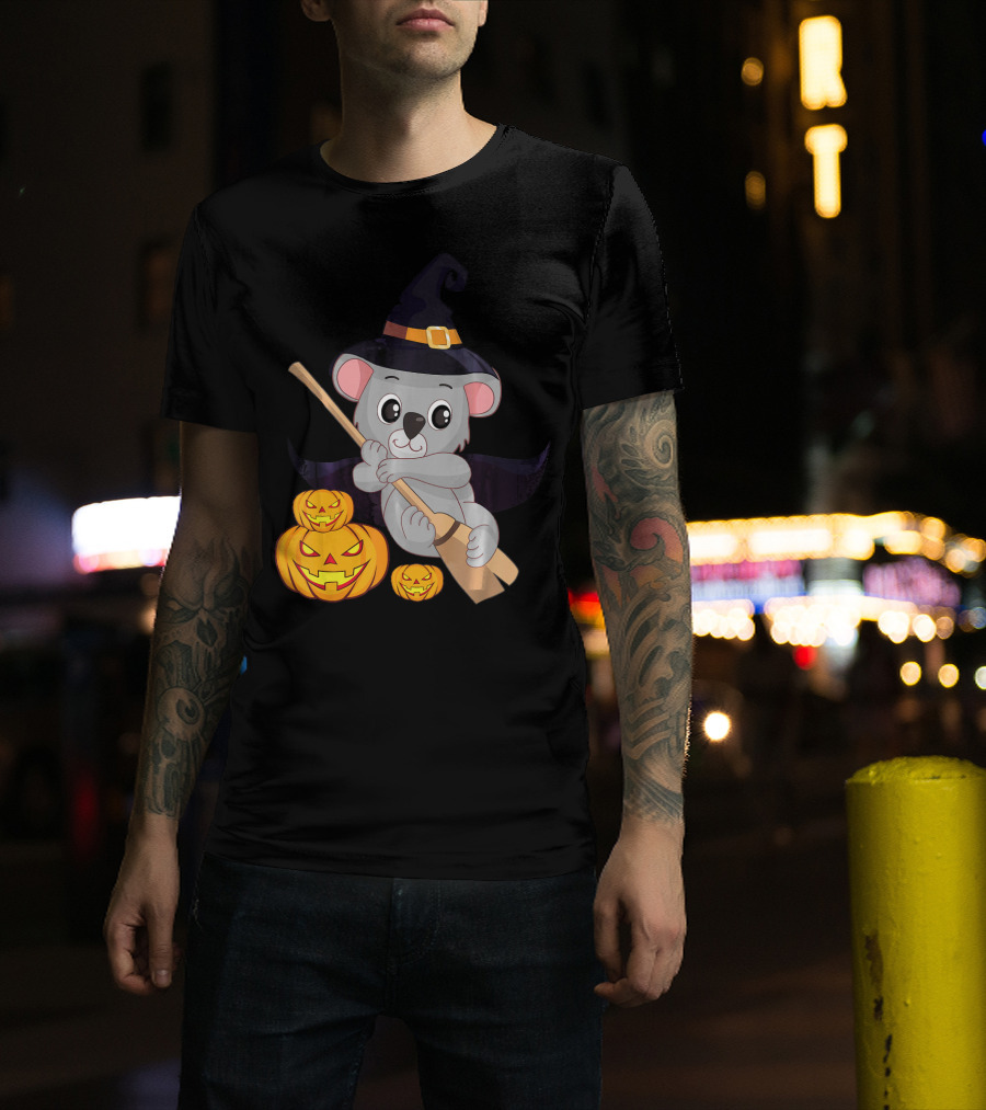 Cute Koala Bear Witch Halloween Pumpkin Hat Broom Jack-o'-Lanterns T-Shirt