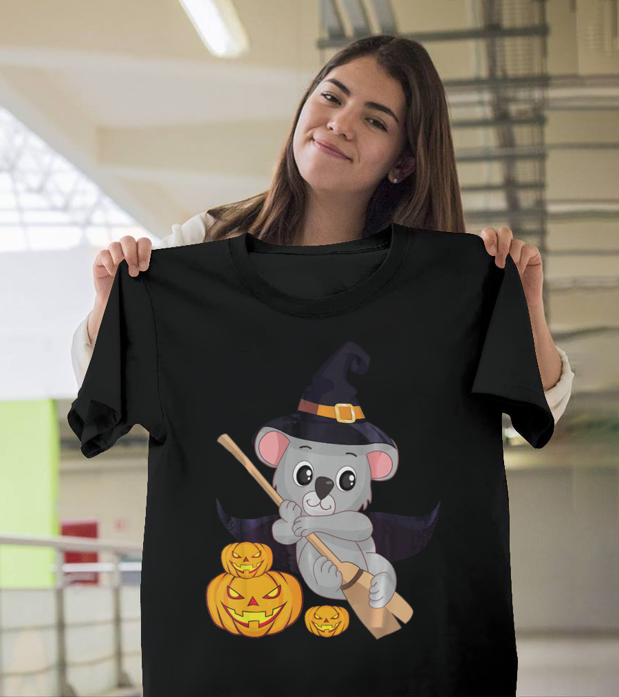Cute Koala Bear Witch Halloween Pumpkin Hat Broom Jack-o'-Lanterns T-Shirt