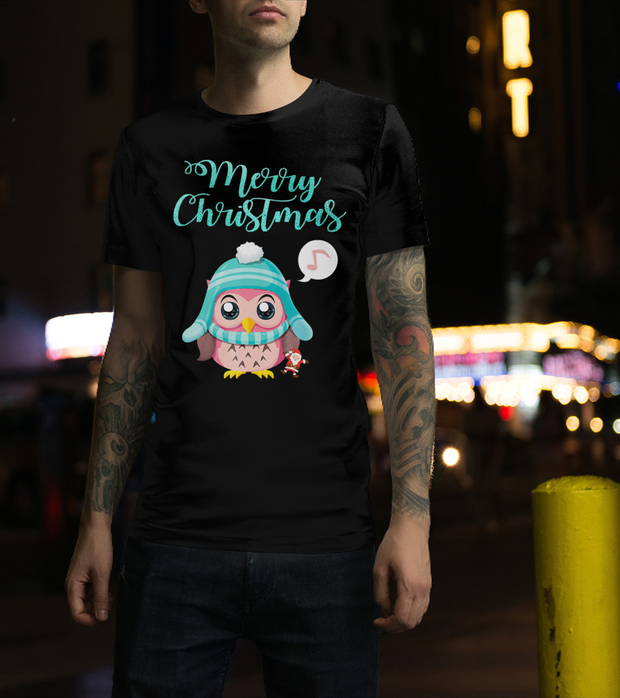 Merry Christmas Cute Owl With Santa Hat Music Note T-Shirt