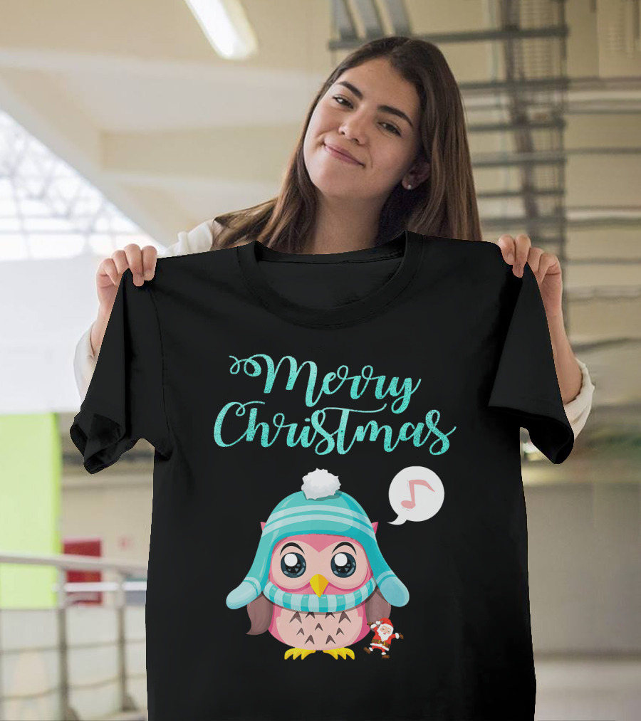 Merry Christmas Cute Owl With Santa Hat Music Note T-Shirt