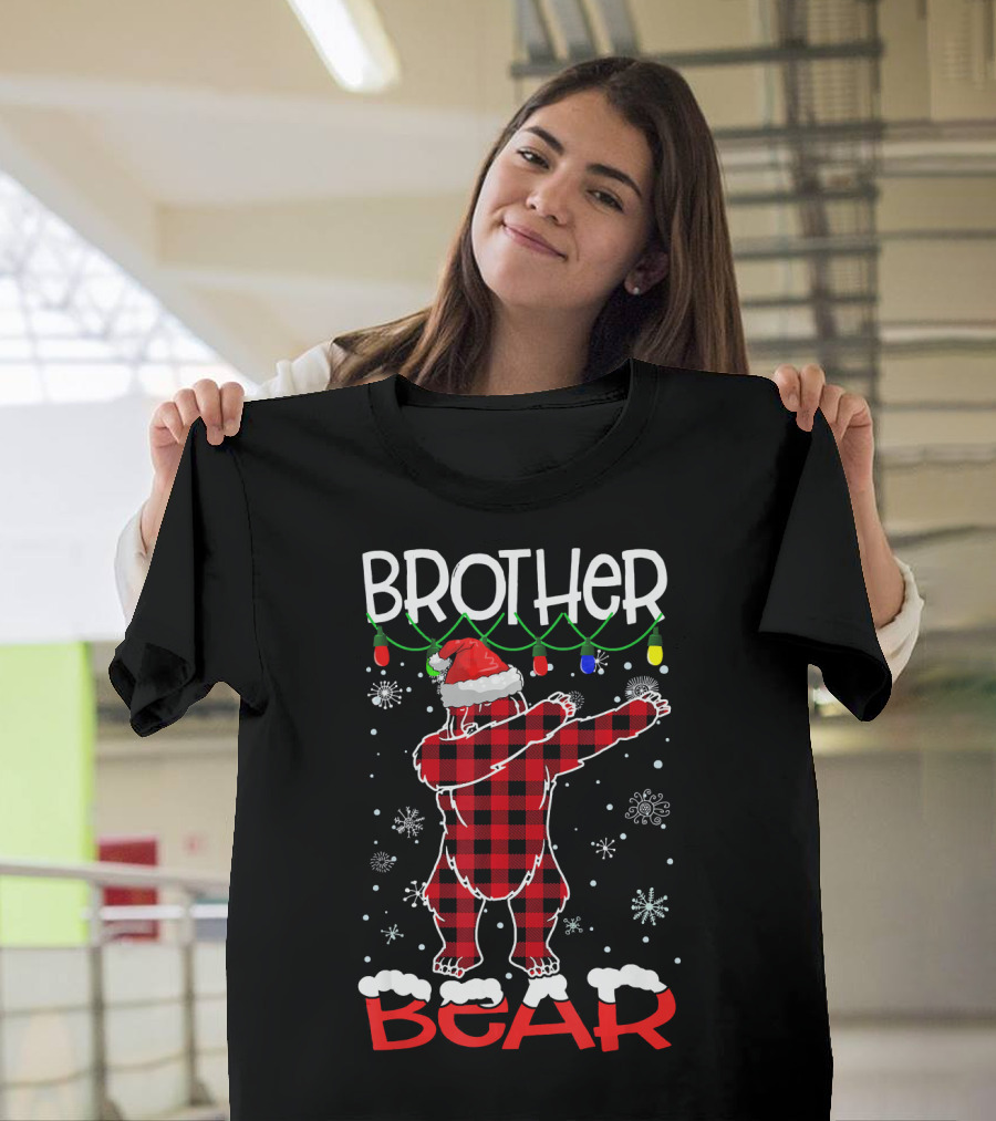 Brother Bear Dabbing Red Plaid Christmas Lights Snowflakes Santa Hat T-Shirt