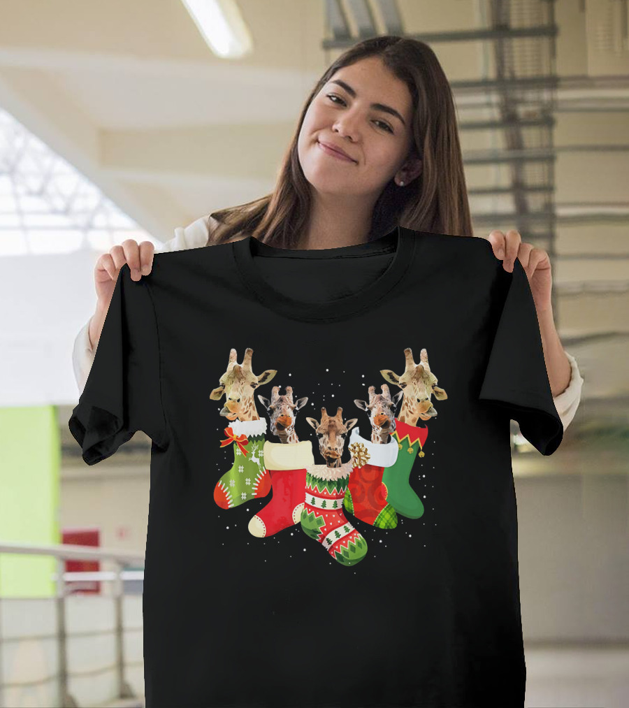 Giraffe Heads Peeking from Colorful Christmas Socks in Snowflakes T-Shirt