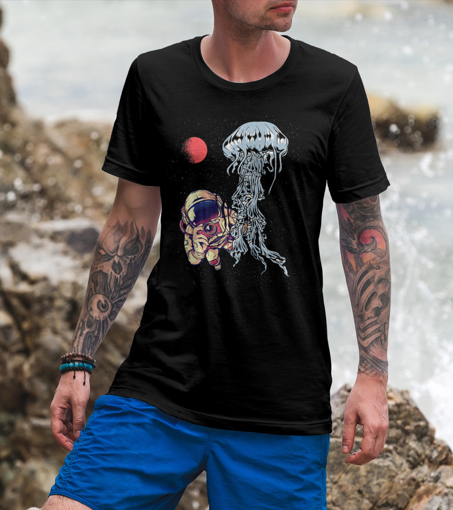 Astronaut Photographing Jellyfish In Outer Space With Red Planet T-Shirt