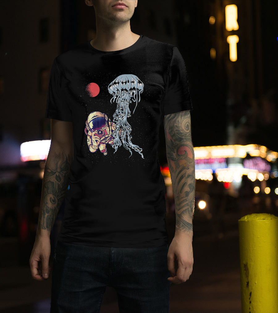 Astronaut Photographing Jellyfish In Outer Space With Red Planet T-Shirt