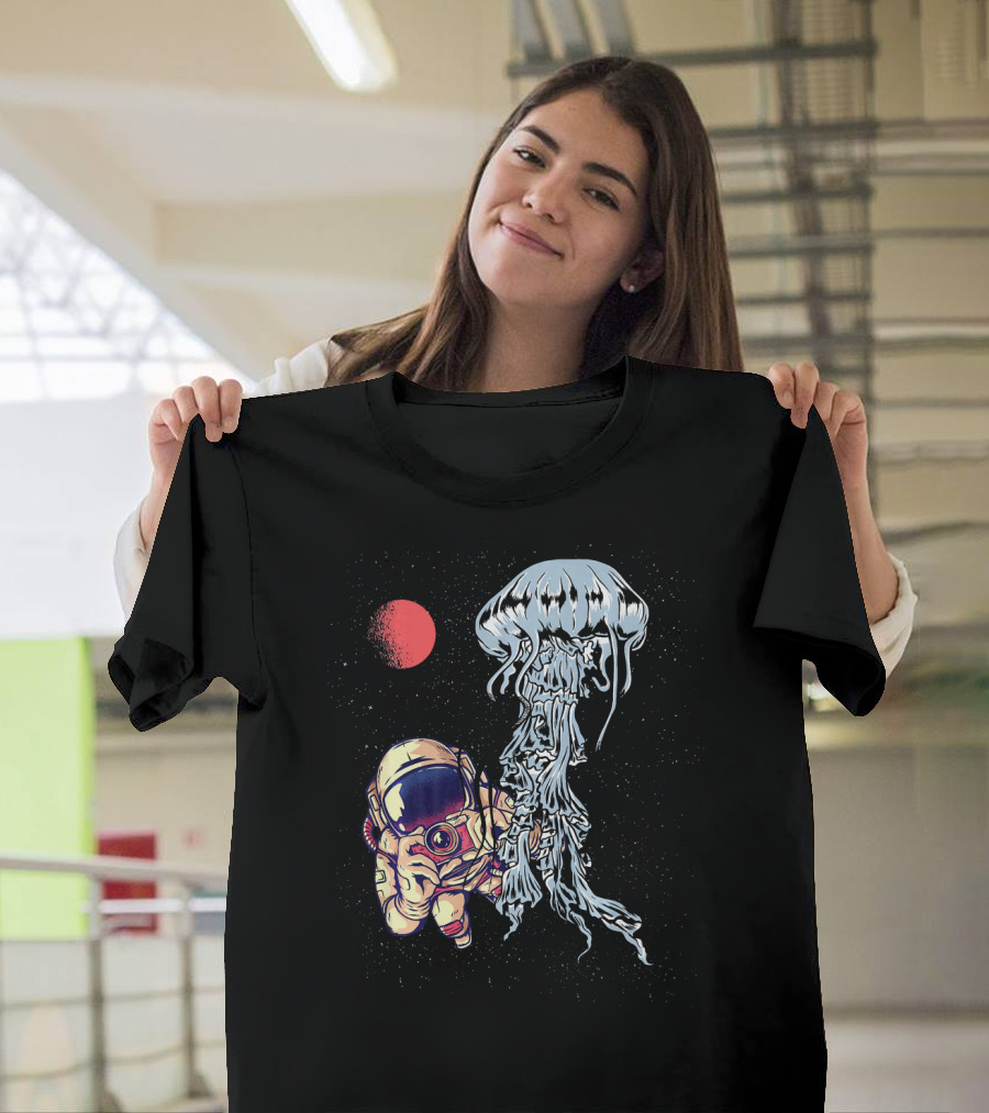 Astronaut Photographing Jellyfish In Outer Space With Red Planet T-Shirt