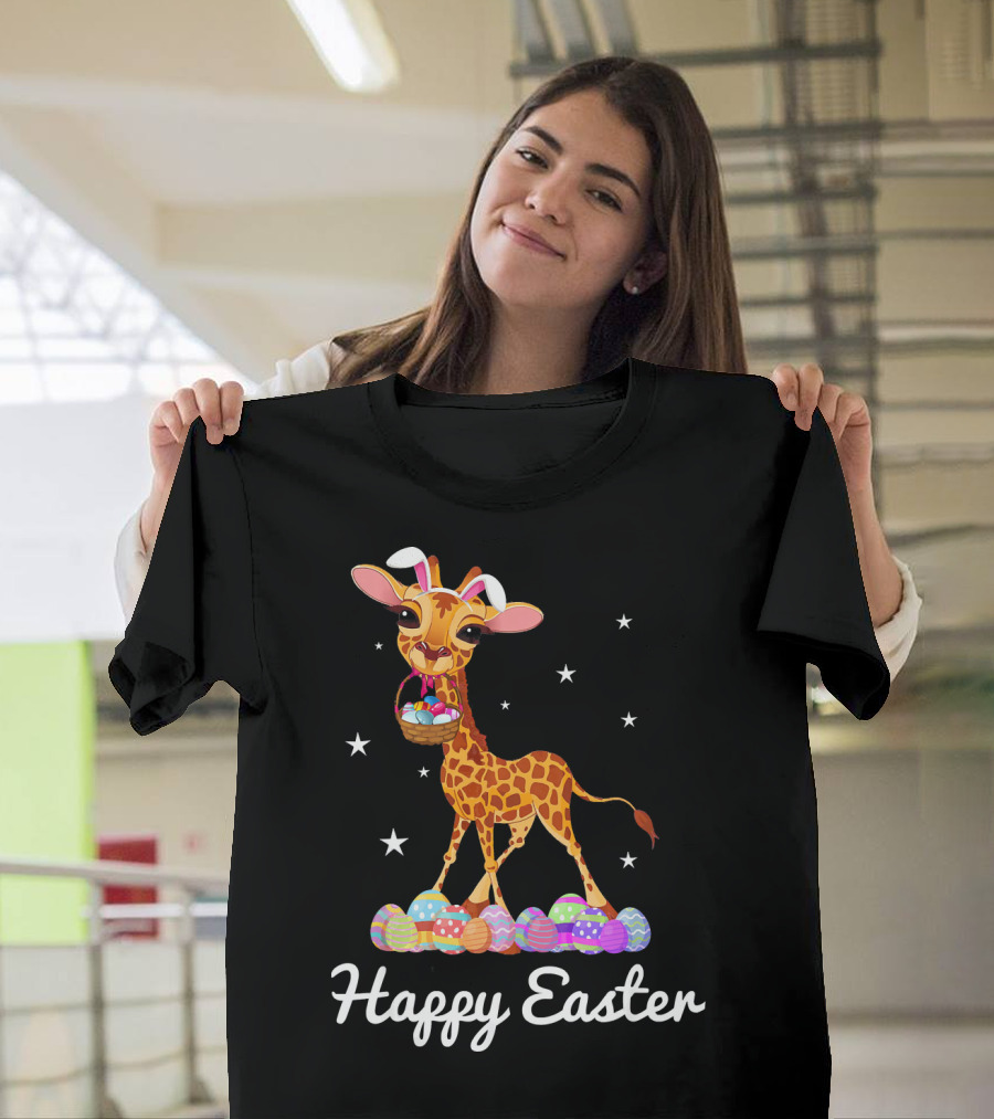 Happy Easter Cute Giraffe with Bunny Ears and Eggs T-Shirt