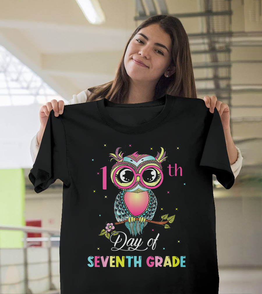 100th Day of Seventh Grade Cute Owl Colorful T-Shirt