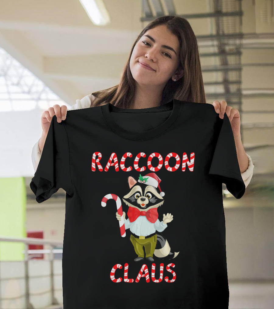 Raccoon Claus Christmas Trash Panda Candy Cane T-Shirt