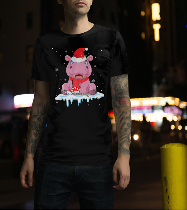 Hippopotamus Christmas Santa Hat Red Scarf Snowflakes Funny Hippopotamu T-Shirt