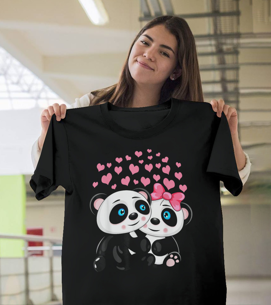 Cute Cartoon Kawaii Face Panda Couple with Pink Hearts T-Shirt