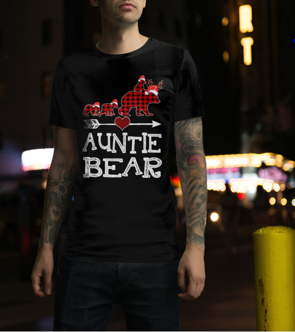 Auntie Bear Santa Hat Red Plaid Family Walking Arrow Heart T-Shirt
