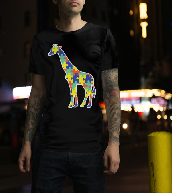 Autism Awareness Puzzle Pattern Giraffe T-Shirt
