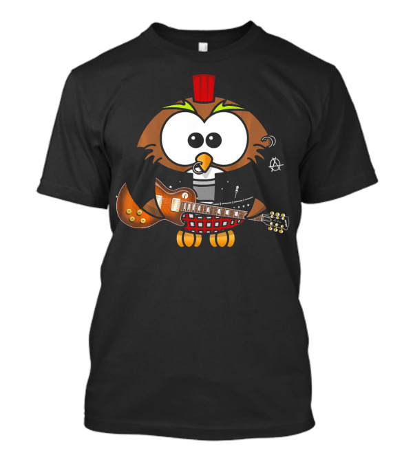 Cartoon Brown Owl Punk Rock With Guitar And Anarchy T-Shirt