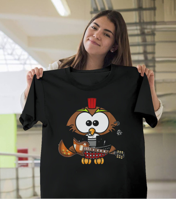 Cartoon Brown Owl Punk Rock With Guitar And Anarchy T-Shirt