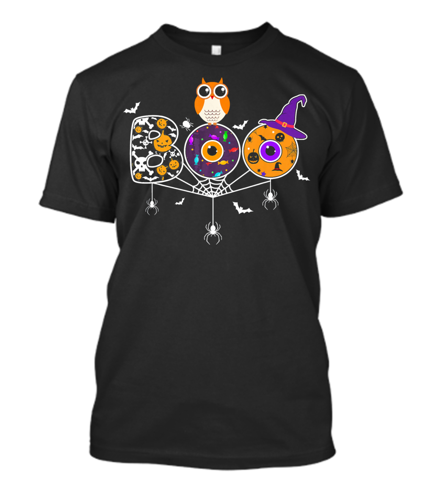 Boo Halloween Owl Witch Hat Spiders Bats Pumpkin Candy Eyeballs T-Shirt