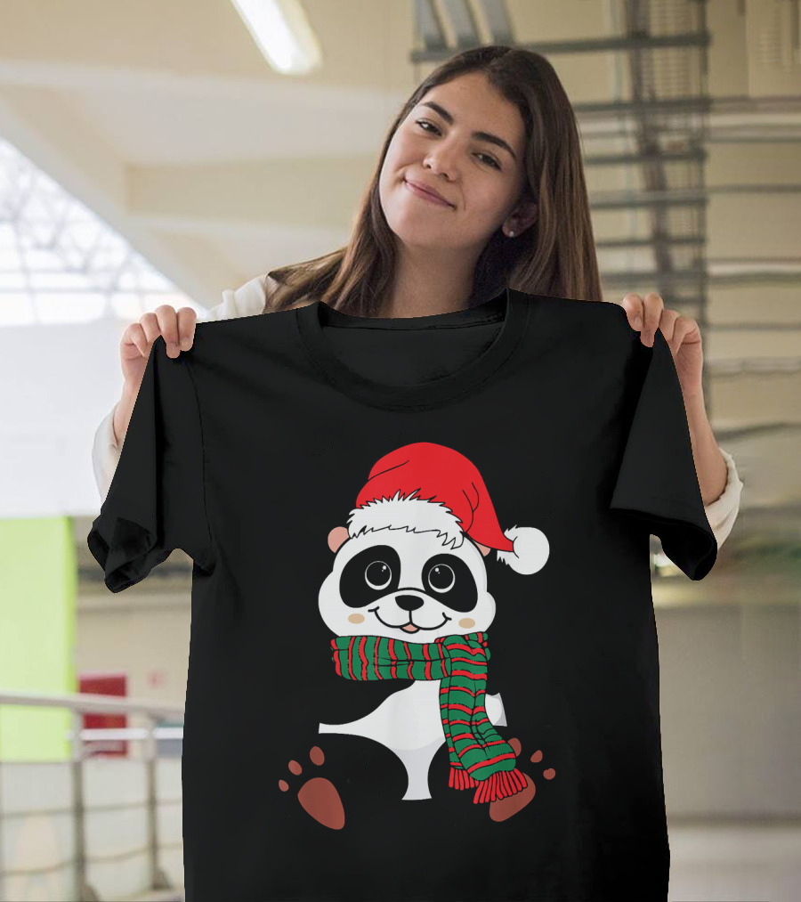 Christmas Panda with Santa Hat and Scarf Winter Vacation T-Shirt