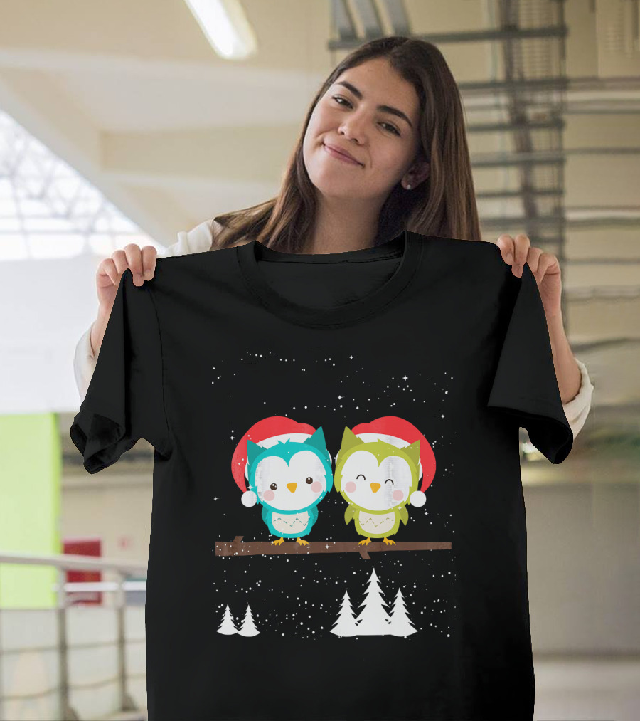 Christmas Owl with Santa Hats and Winter Trees T-Shirt