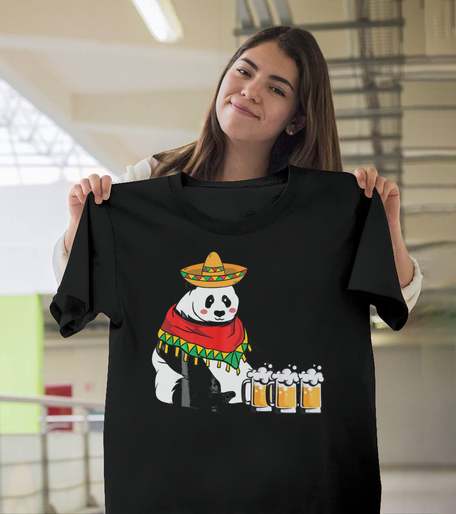 Cinco De Mayo Panda Bear with Sombrero and Beer Mugs T-Shirt
