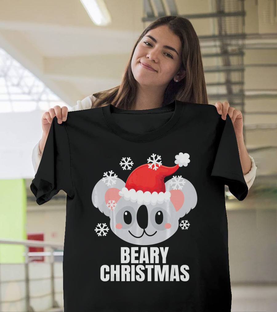 Beary Christmas Koala Bear Cute Australia Santa Hat Snowflakes T-Shirt