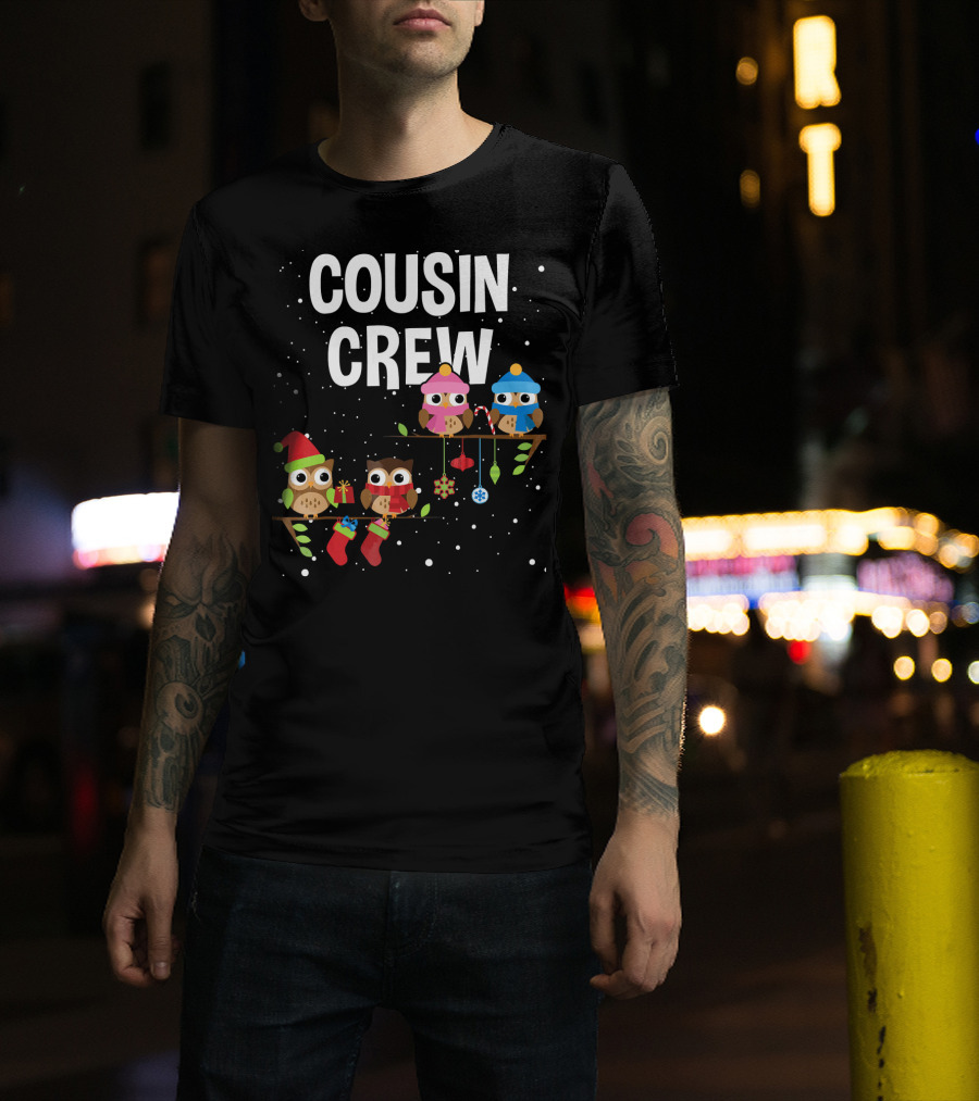 Cousin Crew Christmas Owls With Santa Hats Candy Canes And Stockings T-Shirt