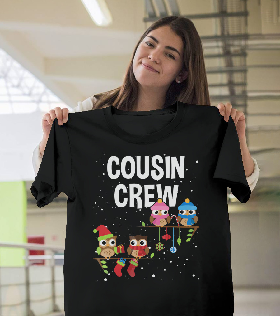 Cousin Crew Christmas Owls With Santa Hats Candy Canes And Stockings T-Shirt