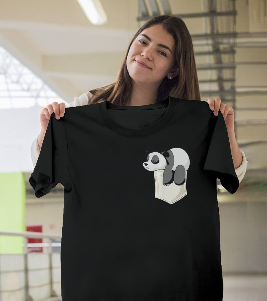 Adorable Sleeping Panda Hanging from Pocket T-Shirt