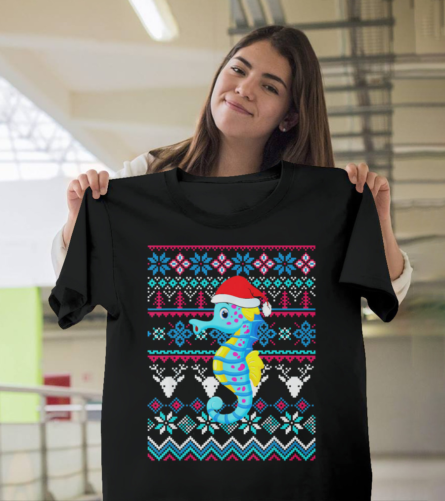 Funny Seahorse Santa Ugly Christmas Sweater Merry T-Shirt