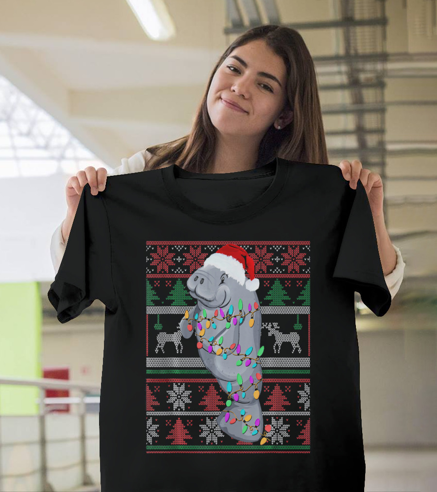 Funny Manatee Ugly Christmas Pajamas Santa Hat Holiday Lights Snowflakes Reindeer Trees T-Shirt