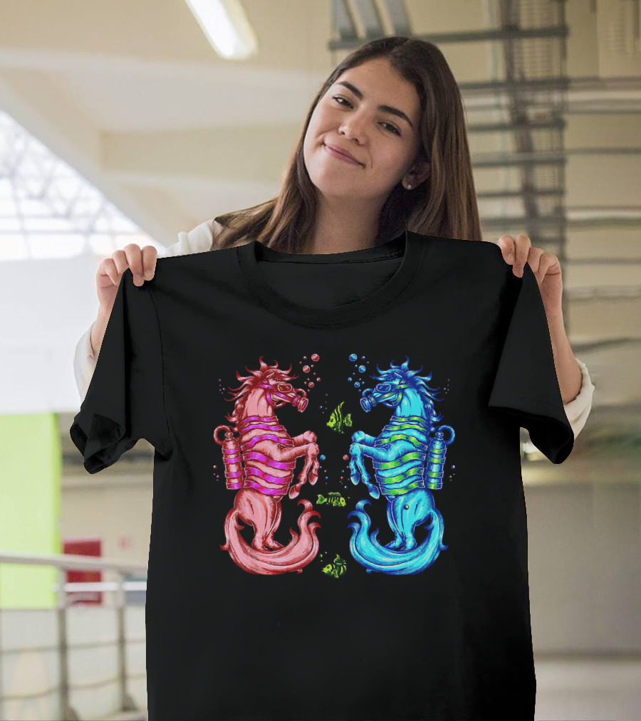 Funny Couple Diver Snorkeling Horse Sea Colorful Neon T-Shirt