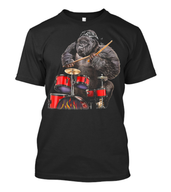 Drummer Gorilla With Bandana Playing Red Drum Rock N Roll Flame Set T-Shirt