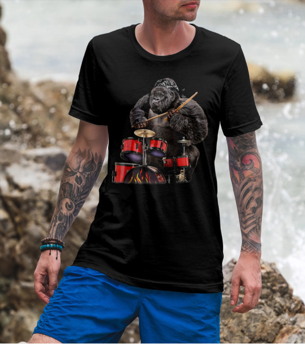 Drummer Gorilla With Bandana Playing Red Drum Rock N Roll Flame Set T-Shirt