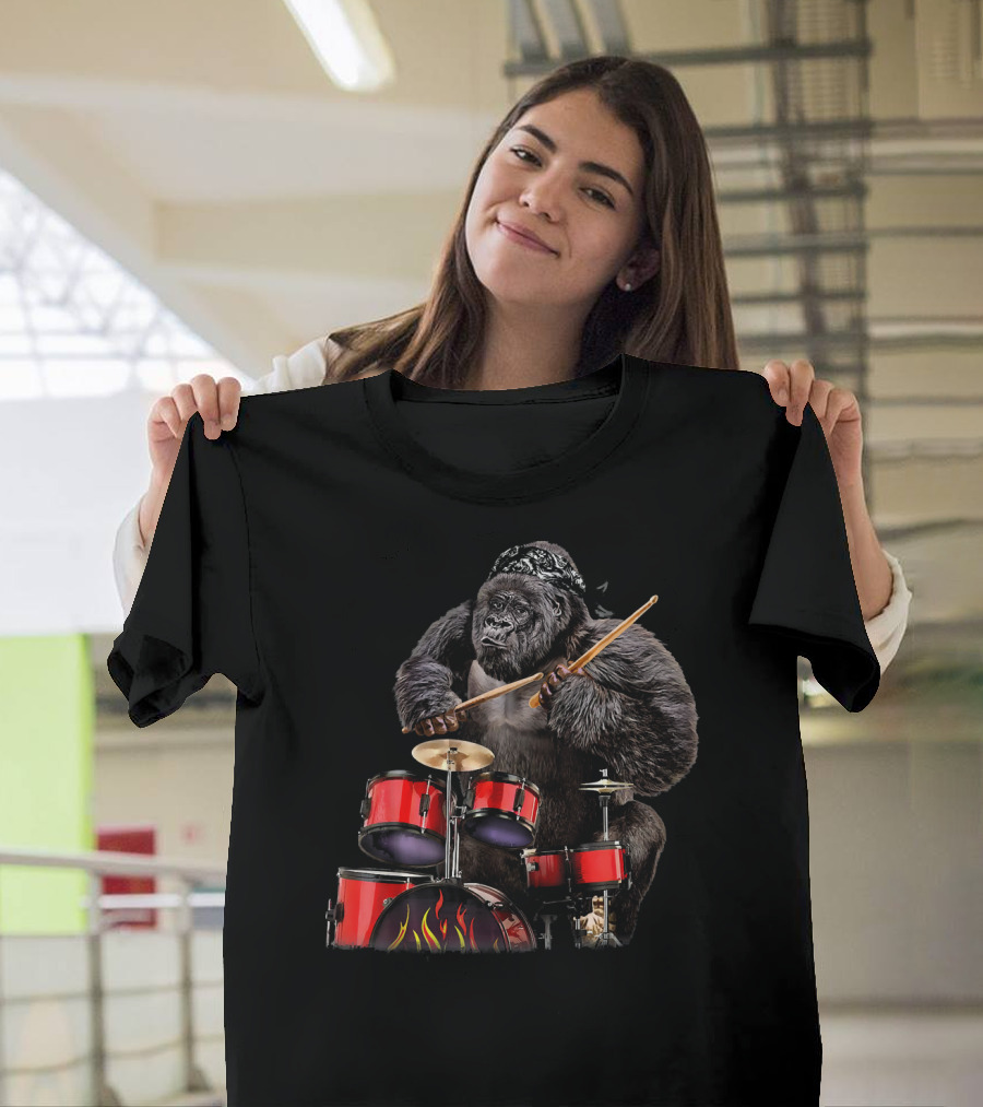 Drummer Gorilla with Bandana Playing Red Drum Rock n Roll Flame Set T-Shirt