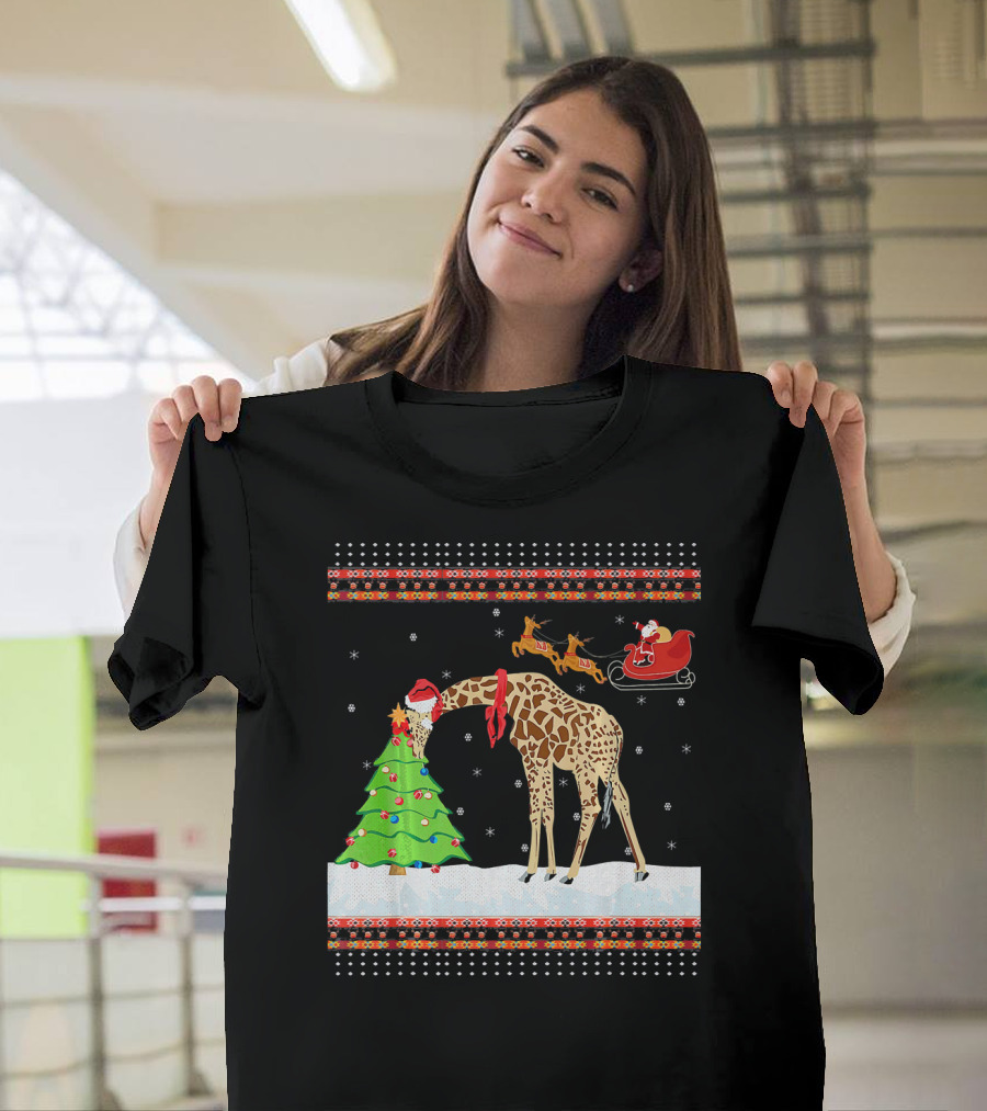 Christmas Funny Giraffe Santa Sleigh UglySan T-Shirt
