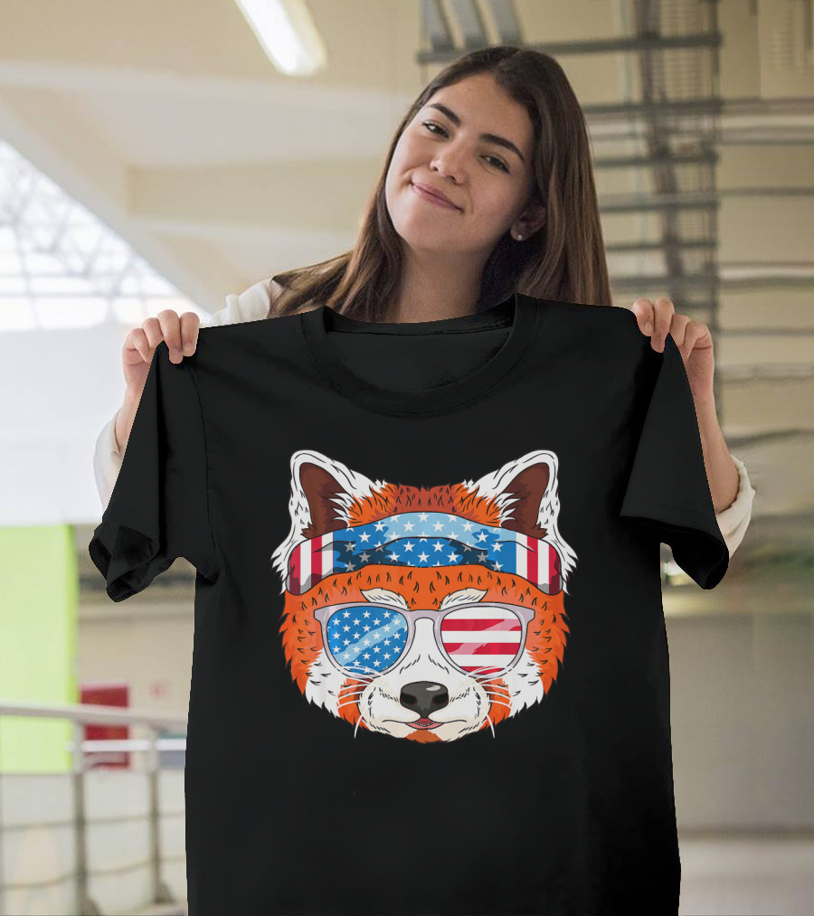 Funny July 4th USA Patriotic Red Panda with American Flag Bandana and Sunglasses T-Shirt
