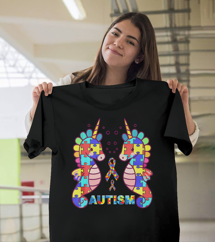 Autism Seahorse Puzzle Ribbon Cute Unicorn T-Shirt