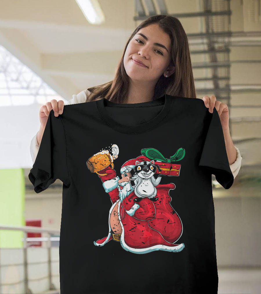 Drunken Santa Claus Trash Panda with Beer and Gift Sack T-Shirt