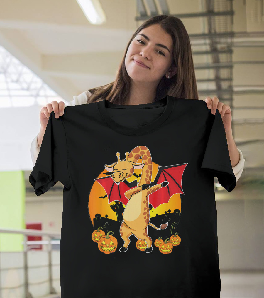 Halloween Dabbing Giraffe with Bat Wings and Pumpkins T-Shirt