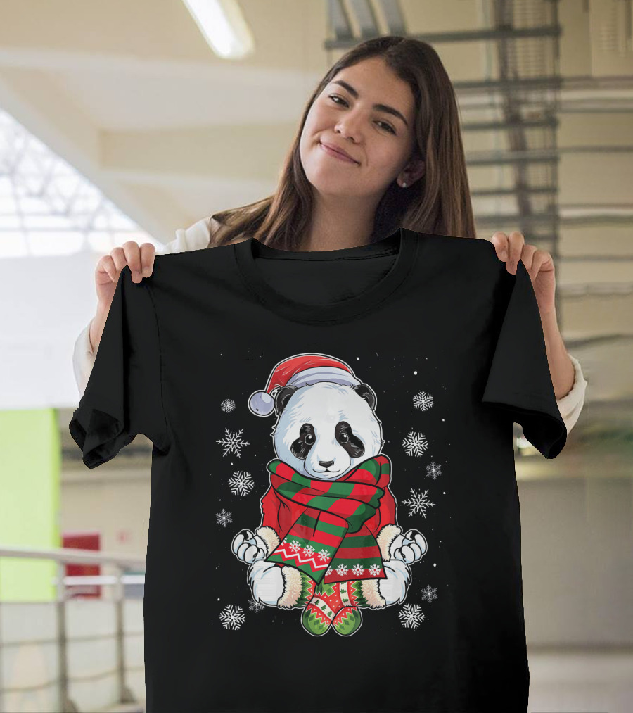 Funny Panda Christmas Yoga Meditation with Santa Hat and Scarf T-Shirt