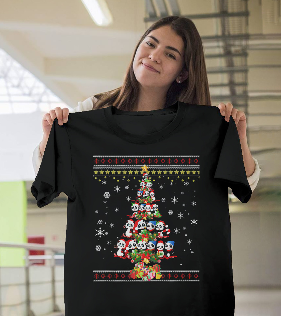 Funny Christmas Tree Pandas with Presents and Snowflakes T-Shirt