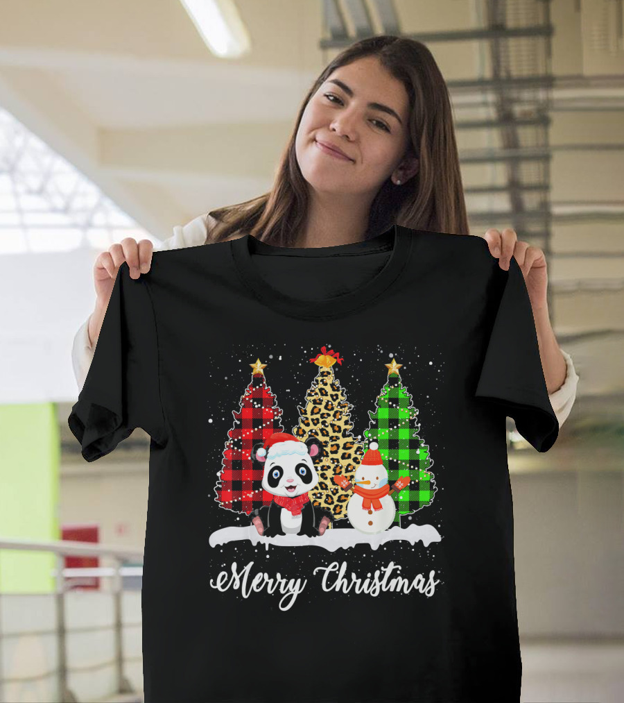 Merry Christmas Panda Bear Snowman Buffalo Plaid Leopard Trees T-Shirt